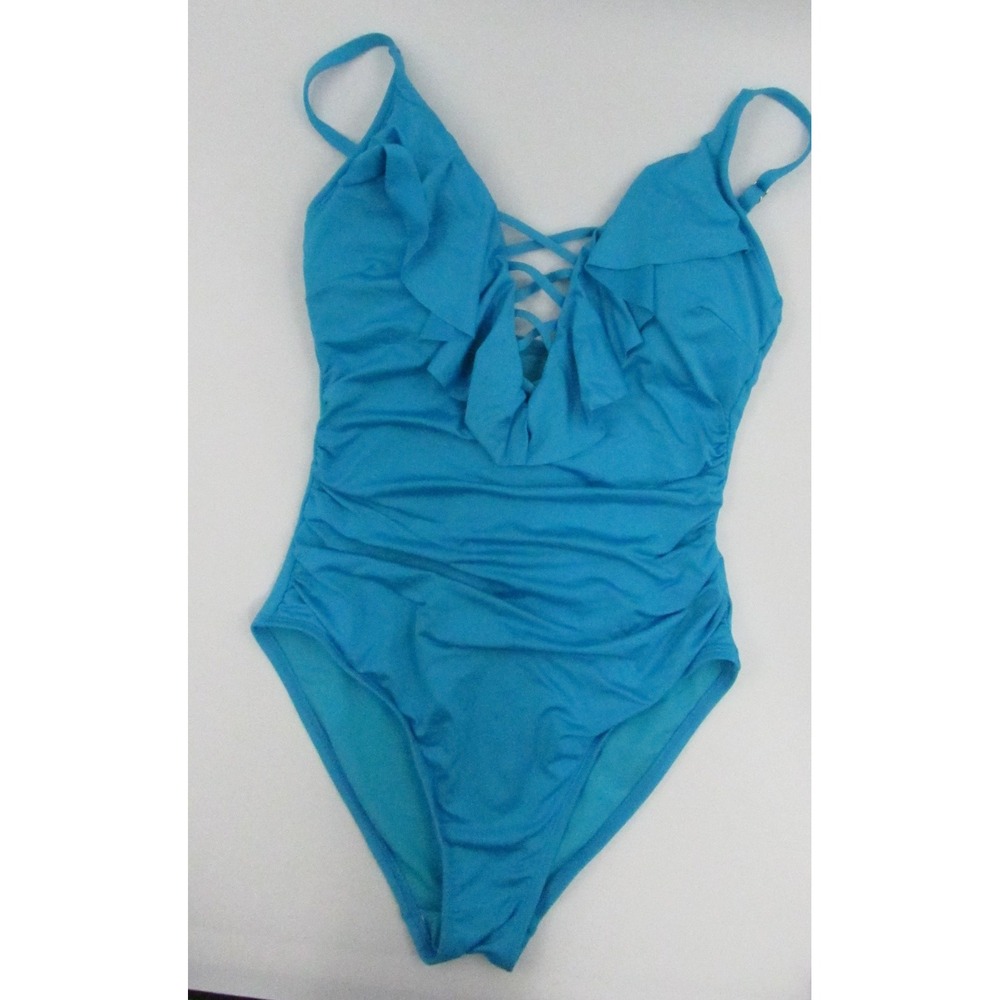 Liz Claiborne Women's Turquoise One Piece Swimsuit Size 8 Ruched Ruffled Lace Up